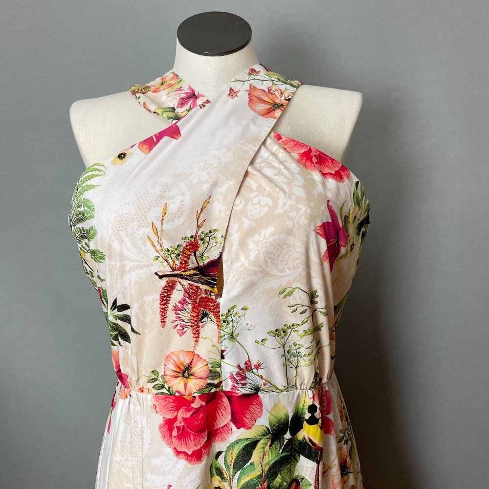 Melonie T Dress‎ Retro Floral Birds Cut Out NO BELT Neckline Cross Neck Size 16